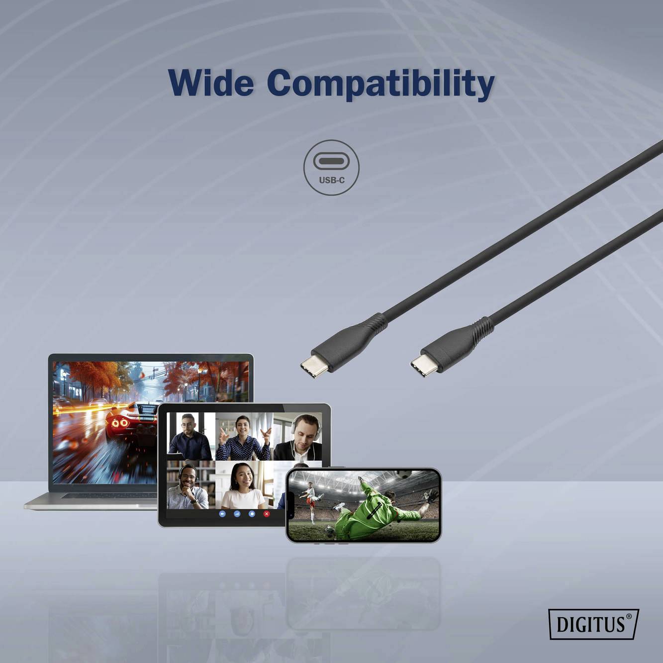 Obrázok zobrazuje dva USB-C káble s poznámkou 'Široká kompatibilita'. V pozadí sú laptop, tablet a smartfón.