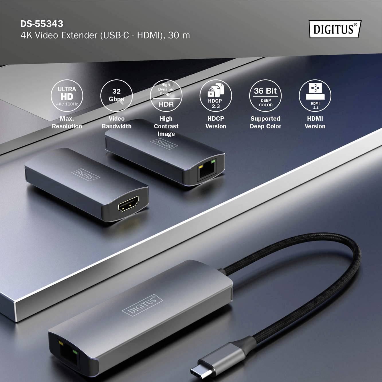 'Digitus DS-55343 4K Video Predlžovač s USB-C a HDMI portom. Podporuje 36-bitovú hĺbku, HDCP 2.3, HDR a HDMI.'