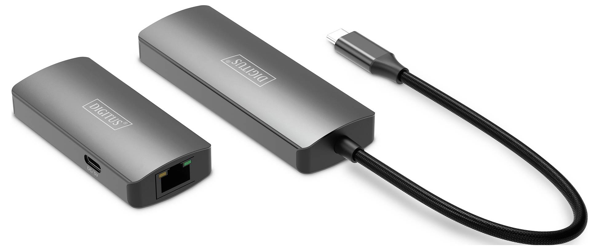 USB-C hub v sivej farbe s dvoma portami vrátane USB a ethernetového portu spolu s USB-C káblom. Ideálny pre laptopy.