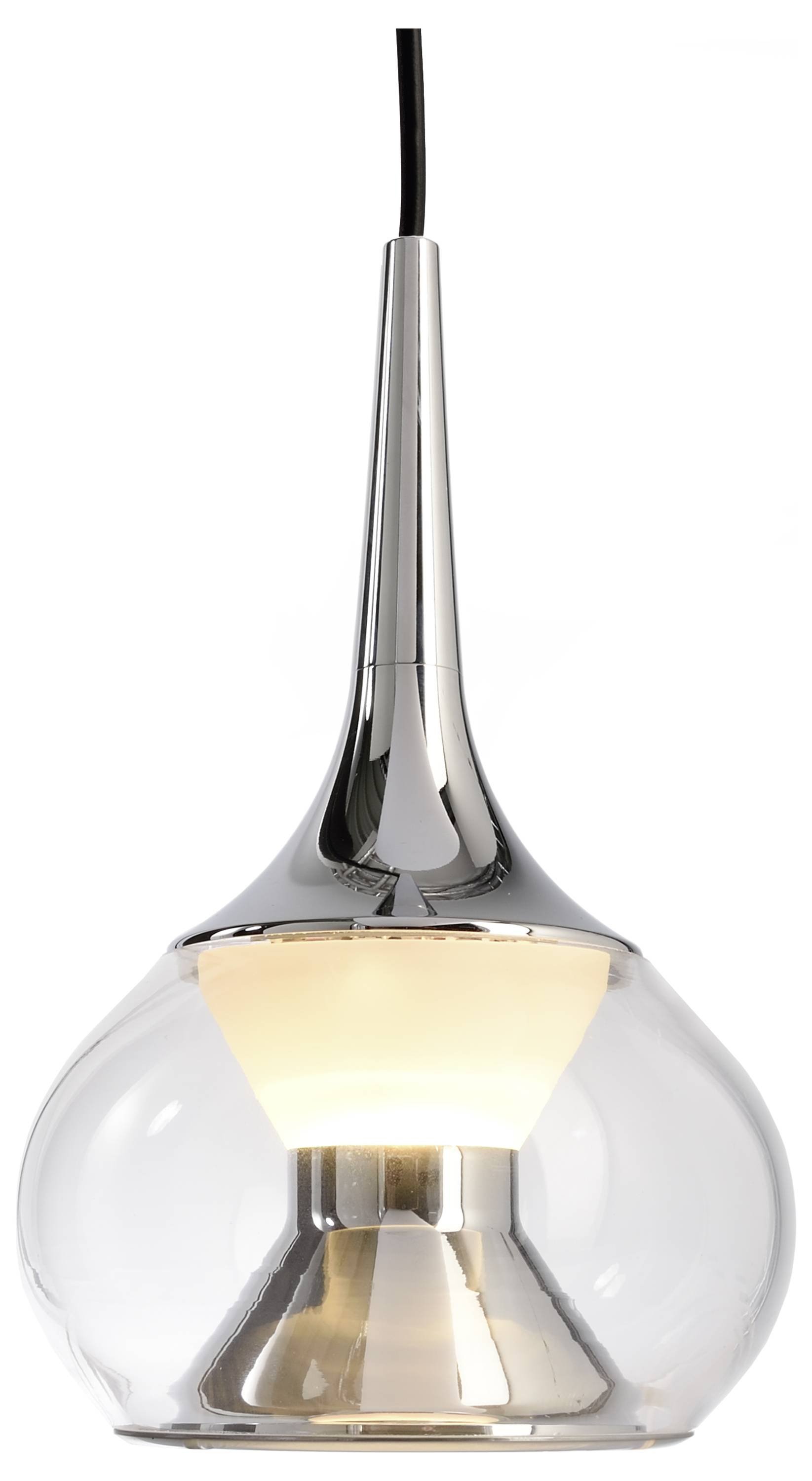 Závesná lampa s priehľadným sklom a strieborným kovovým podstavcom, elegantná a moderná, ideálna do obývacej izby alebo jedálne.