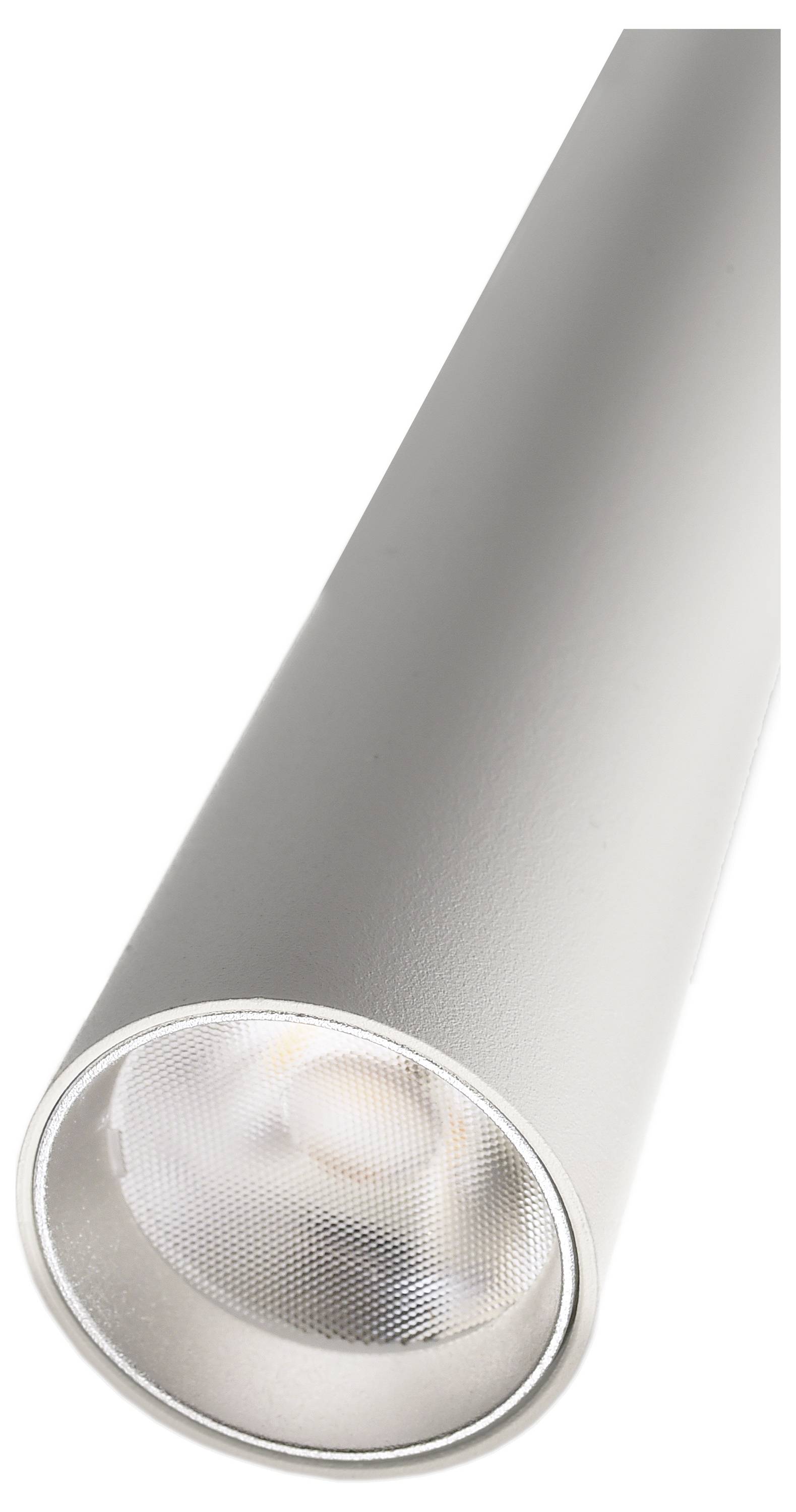 Strieborná, valcovitá stropná lampa so viditeľnou žiarovkou, nasmerovaná smerom nadol.