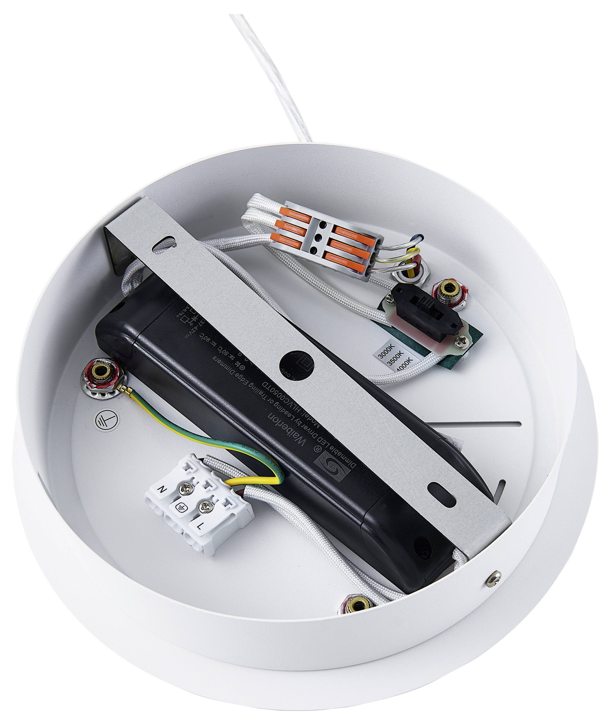 Detailný záber na okrúhle biele stropné svietidlo s hladkým povrchom a tenkým zavesovacím káblom. Moderný a minimalistický dizajn.