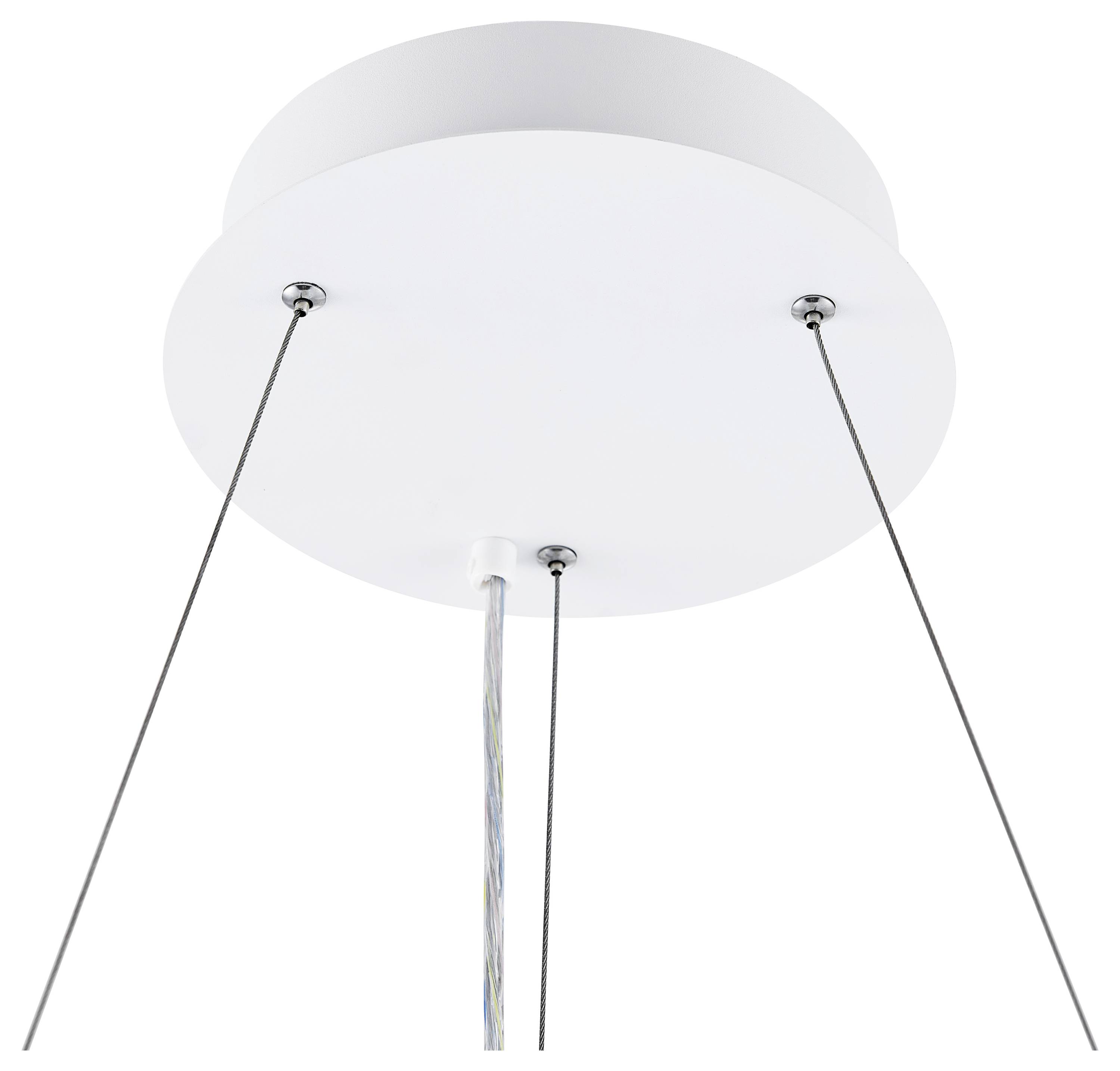 Okrúhla biela stropná montážna konzola pre svietidlá, vybavená tromi tenkými káblami a centrálnym napájacím káblom.