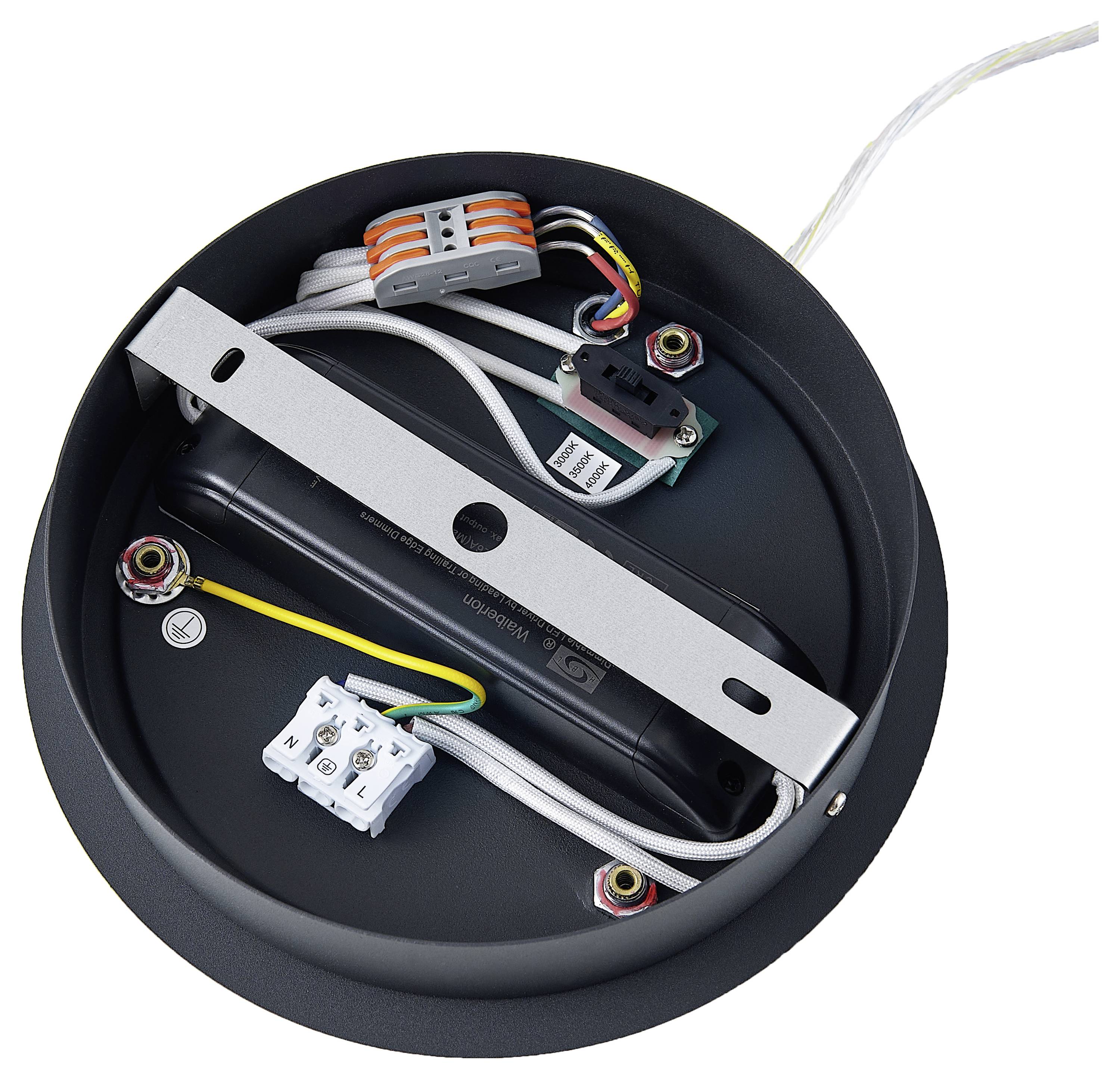 Okrúhly, čierny stropný držiak s káblami a svorkami na inštaláciu stropného svietidla.