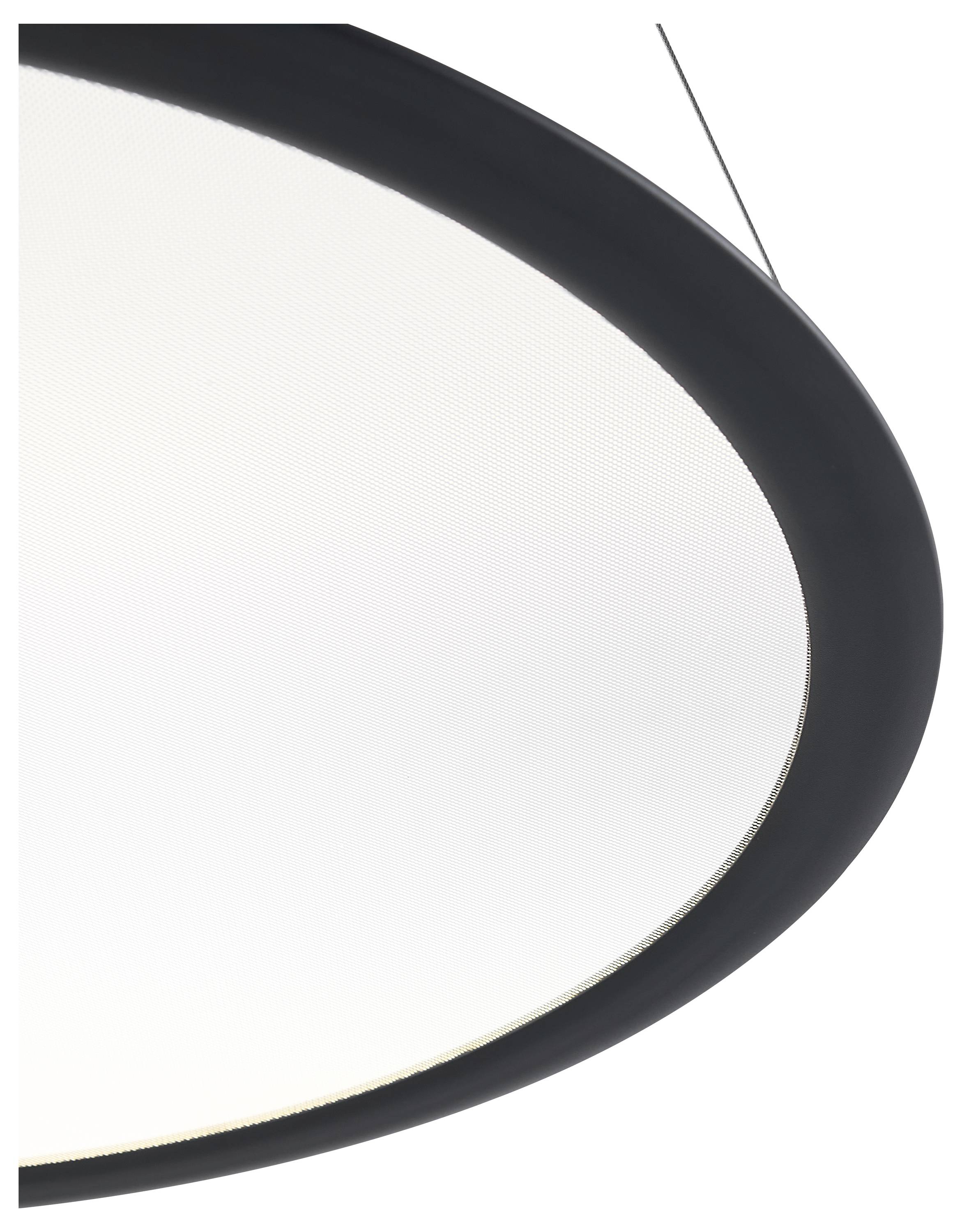 Veľké, okrúhle stropné svetlo s jednoduchým dizajnom. Čierny lem, biely povrch. Dokonalé pre modernú priestorovú koncepciu.