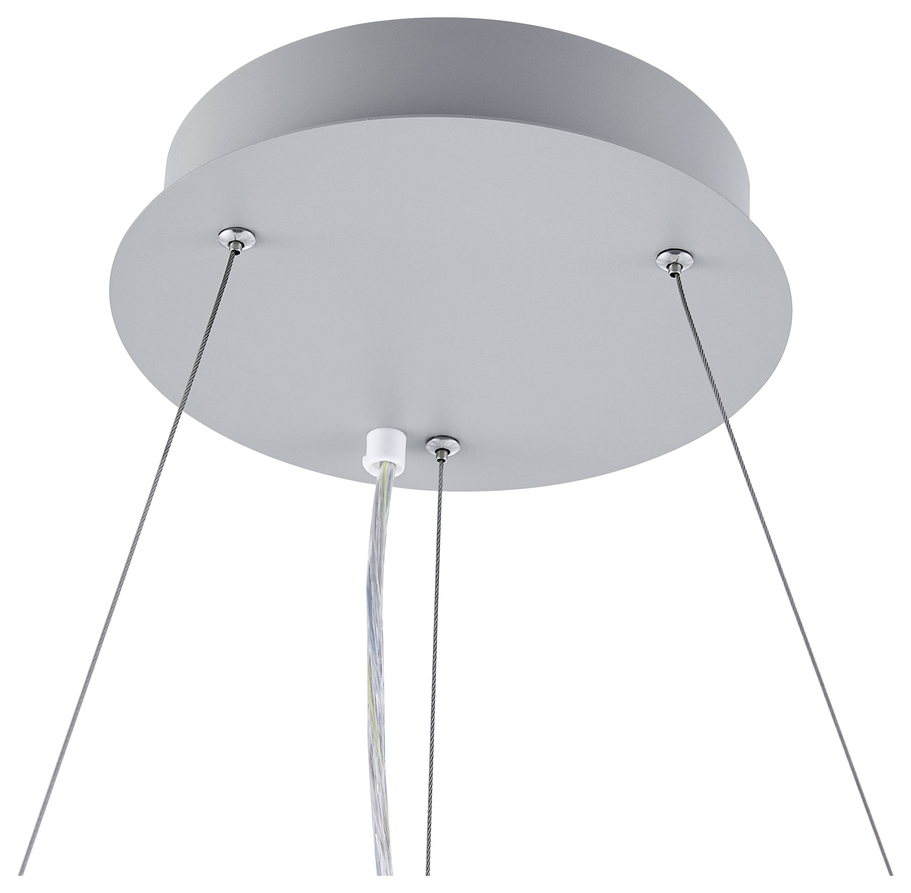 Sivý, okrúhly stropný luster so systémom zavesenia na troch tenkých lanách a centrálnym káblom. Vhodný pre zavesené osvetlenie.