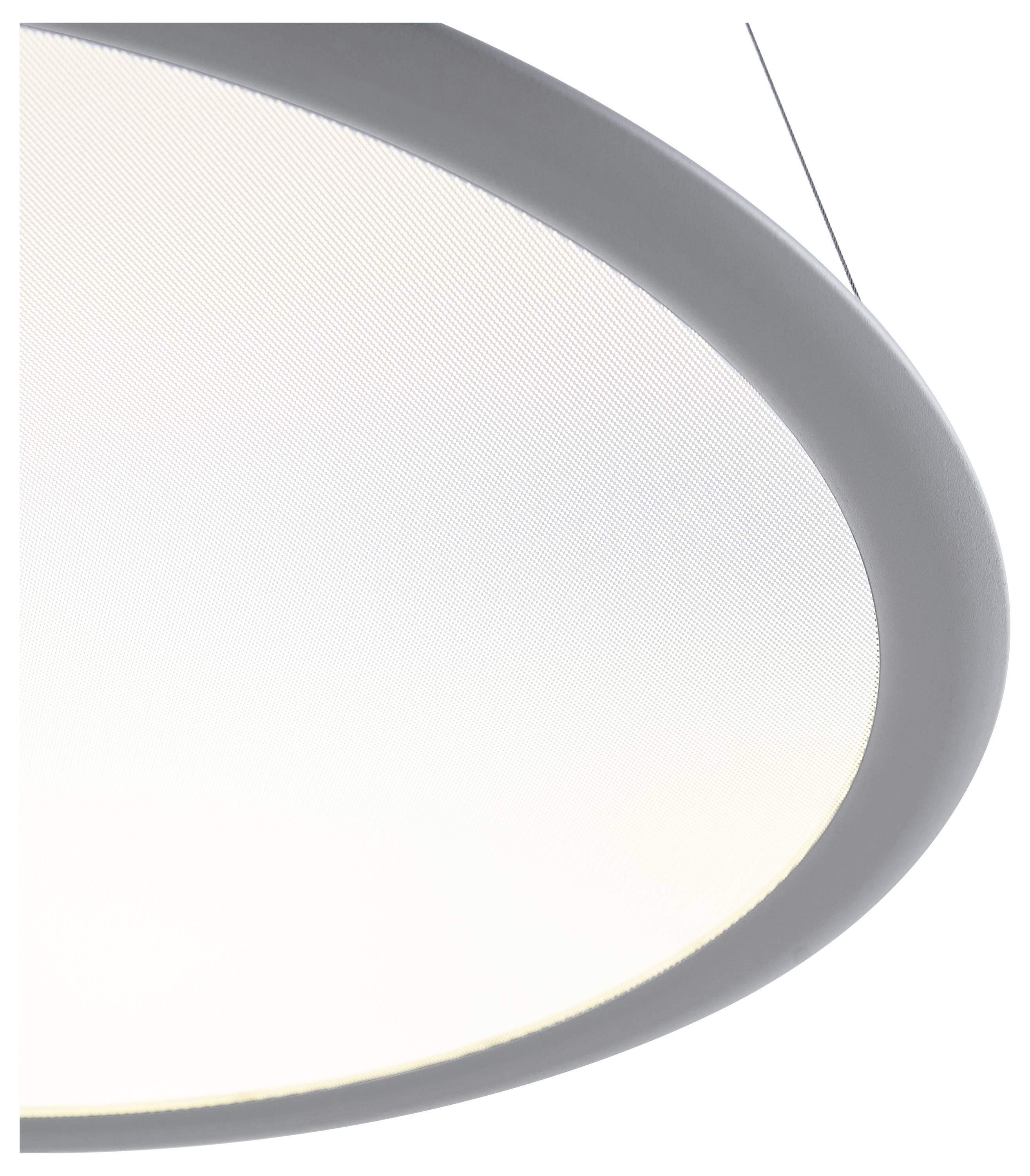 Veľká, okrúhla stropná lampa s moderným dizajnom, ktorá vyžaruje rovnomerné, tlmené teplé svetlo. Ideálna do moderných interiérov.