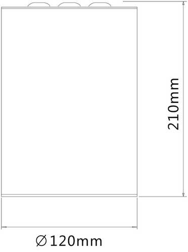 Technický výkres obdĺžnikového objektu s rozmermi: výška 210 mm, priemer základne 120 mm.