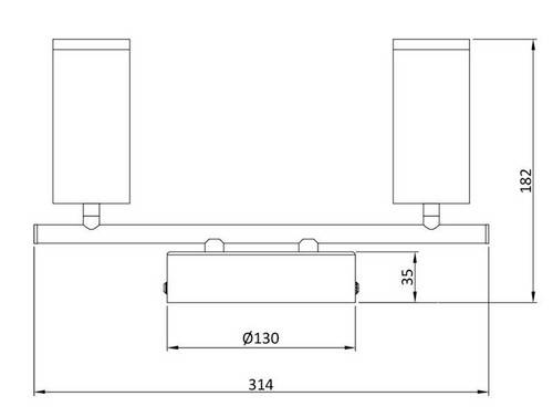 Technický výkres dvojlampového svietidla s rozmermi: výška 182 mm, šírka 314 mm, priemer základne 130 mm.