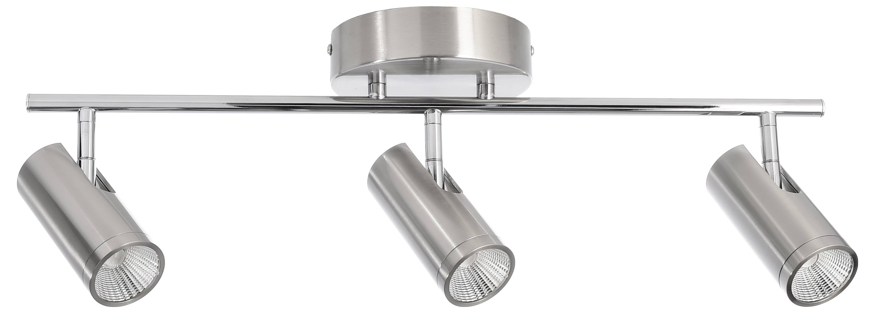 Trojplameňový strieborný stropný luster v modernom štýle, symetricky usporiadaný s nastaviteľnými svetlometmi pre priame smerované svetlo.