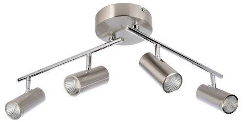 Štvorramenné stropné svietidlo z brúseného kovu s otočnými bodovými reflektormi na tyči, vhodné do moderných obytných priestorov.