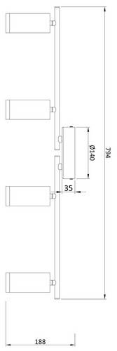 Diagram nástennéhej svietidla so štyrmi valcovitými žiarovkami. Celková šírka 790 mm, hĺbka 35 mm. Vzdialenosť medzi žiarovkami: 188 mm.