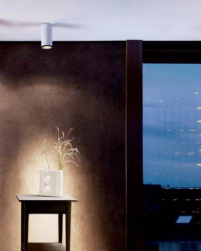 Stôl s vázu a suchými trávami stojí pred hnedou stenou. Nad stolom visí stropné svietidlo. V pozadí je okno s večerným výhľadom.
