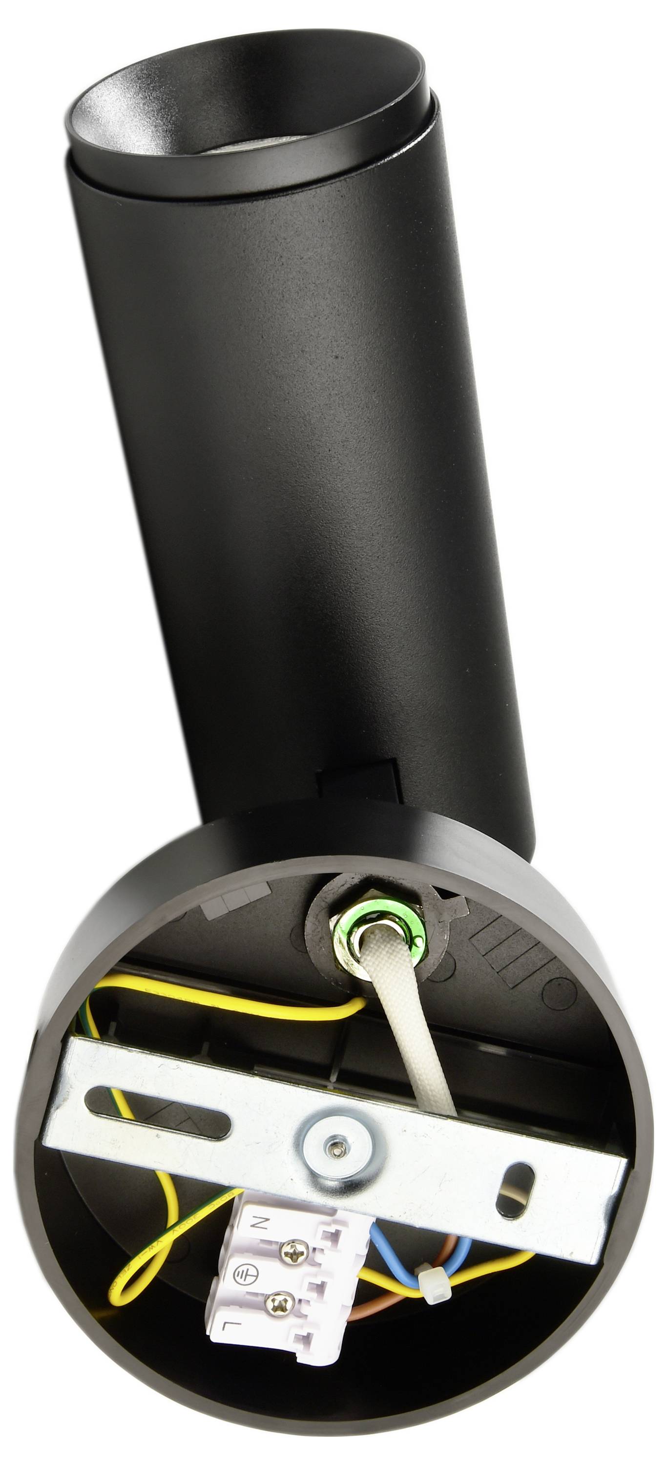 Čierna valcovitá súčiastka s vystavenými elektrickými konektormi a káblami, pravdepodobne súčasť svietidla.