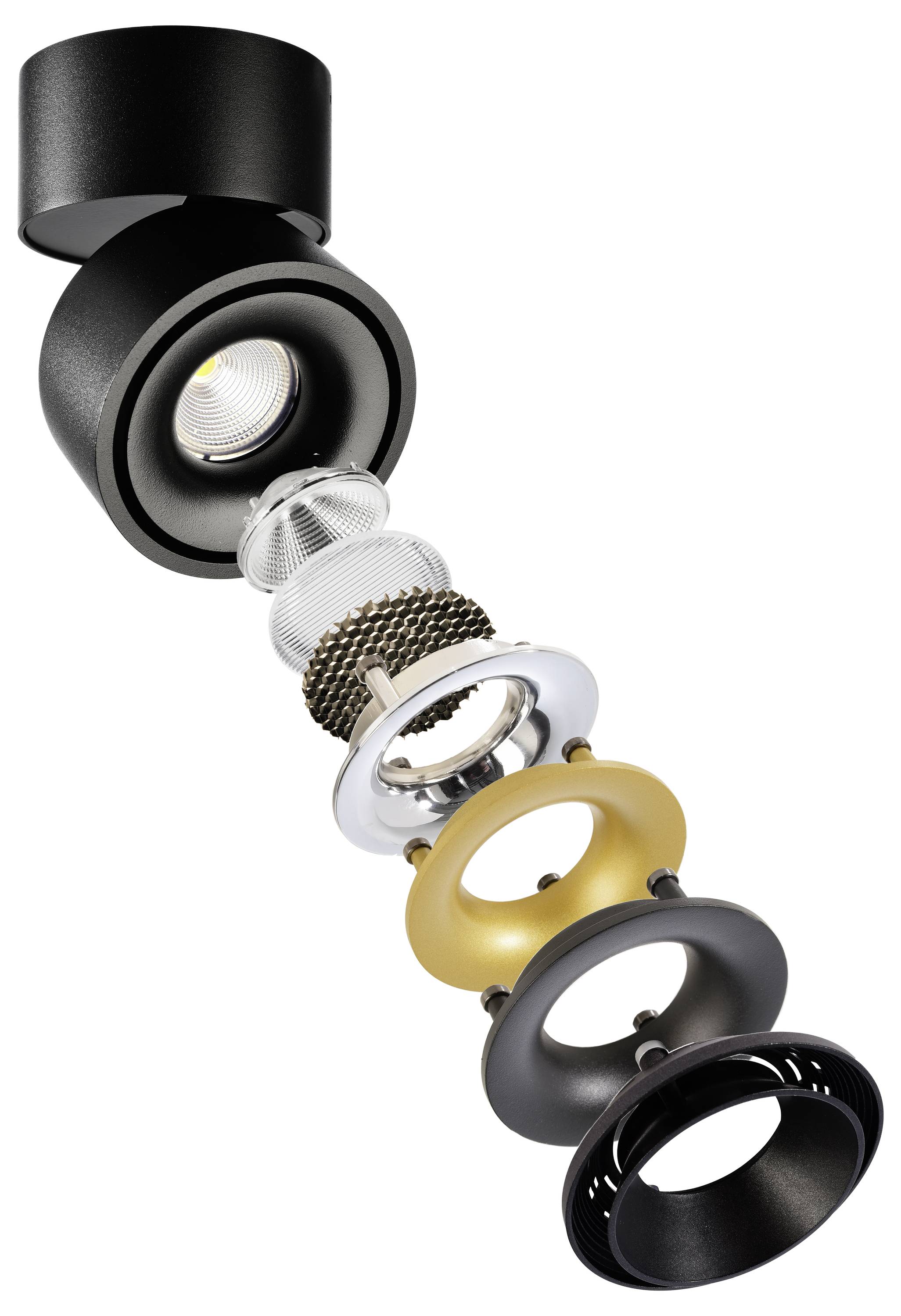 'Rozložený pohľad na čiernu stropnú lampu pozostávajúcu z viacerých komponentov, ako sú šošovka, objímka a rôznofarebné prstence.'