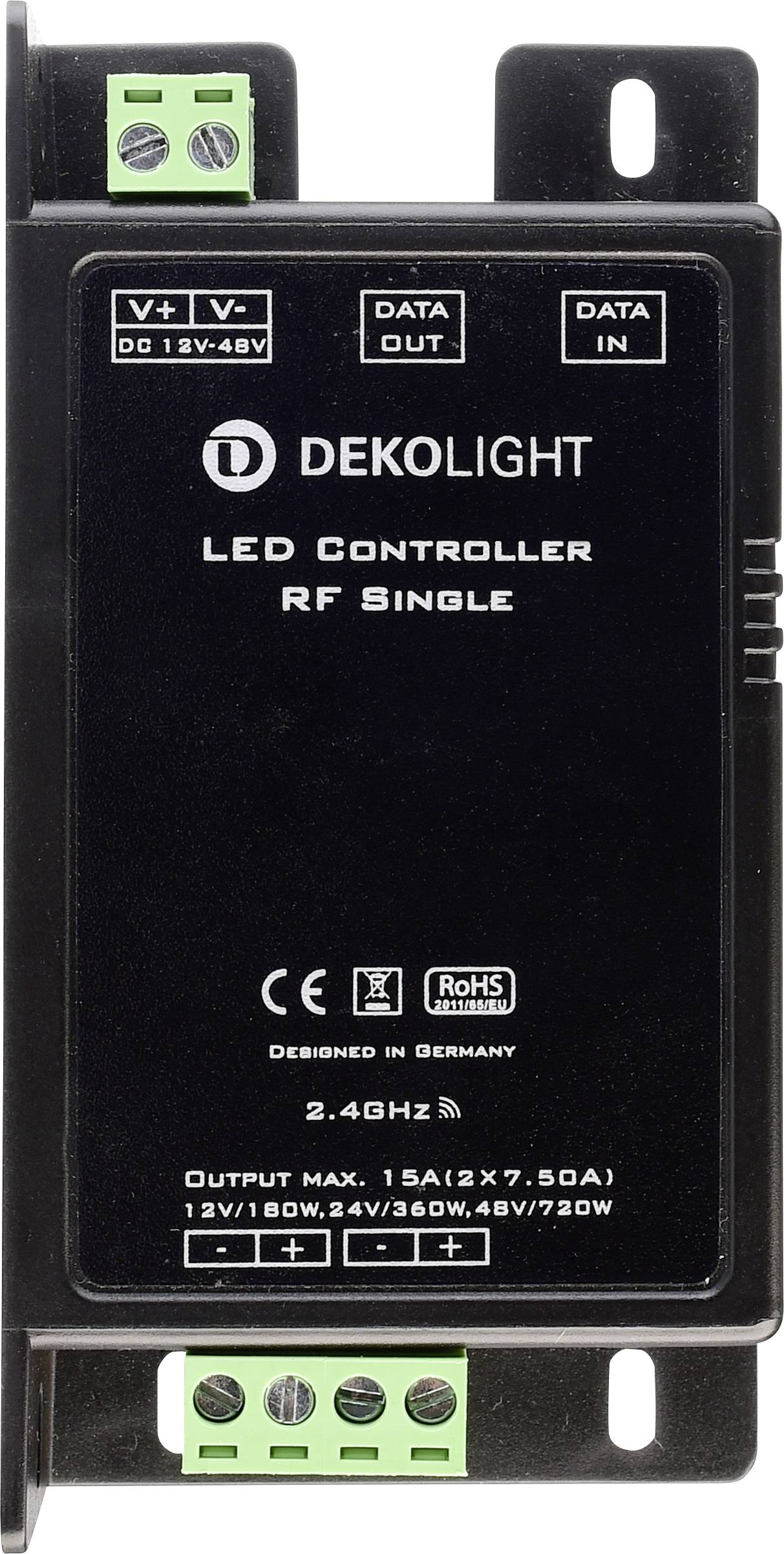 LED kontrolér od Dekolight, model RF Single, pre 12V až 48V. Podporuje rádiofrekvenciu 2,4 GHz. Kompatibilný s CE a RoHS normami.