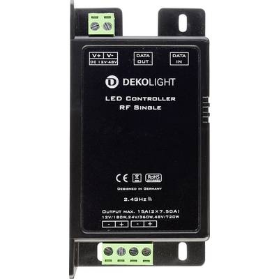 LED kontrolér od Dekolight, model RF Single, pre 12V až 48V. Podporuje rádiofrekvenciu 2,4 GHz. Kompatibilný s CE a RoHS normami.