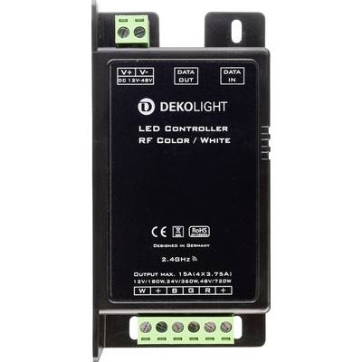 Čierny LED kontrolér od Dekolight na ovládanie RF farebných/bielych svetiel. Vstupné napätie 12V-48V; maximálny výstupný prúd 15A.