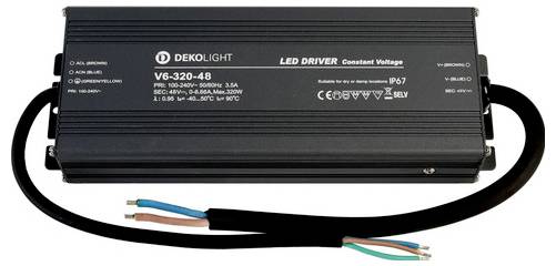 LED ovládač s nápisom 'DEKOLIGHT, V6-320-48'. Čierne púzdro so štyrmi farebnými koncami káblov na jednej strane.