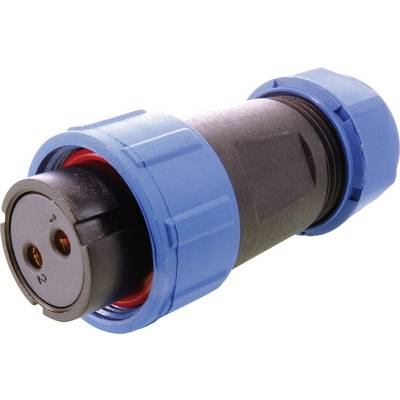 Modrý plastový konektor so skrutkovým uzáverom, ktorý obklopuje dva elektrické kontakty v čiernom puzdre, pohľad z boku.