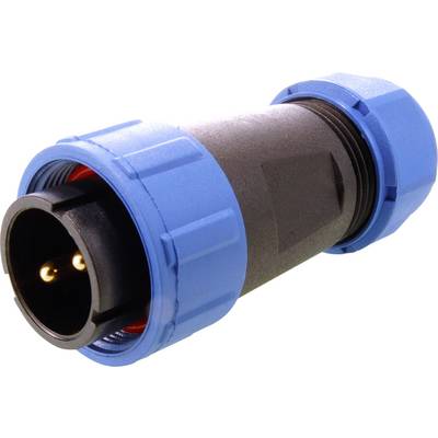 Modrý cylindrický konektor s dvoma kovovými kontaktmi, používaný v elektrických aplikáciách na bezpečné prepojenie káblov.