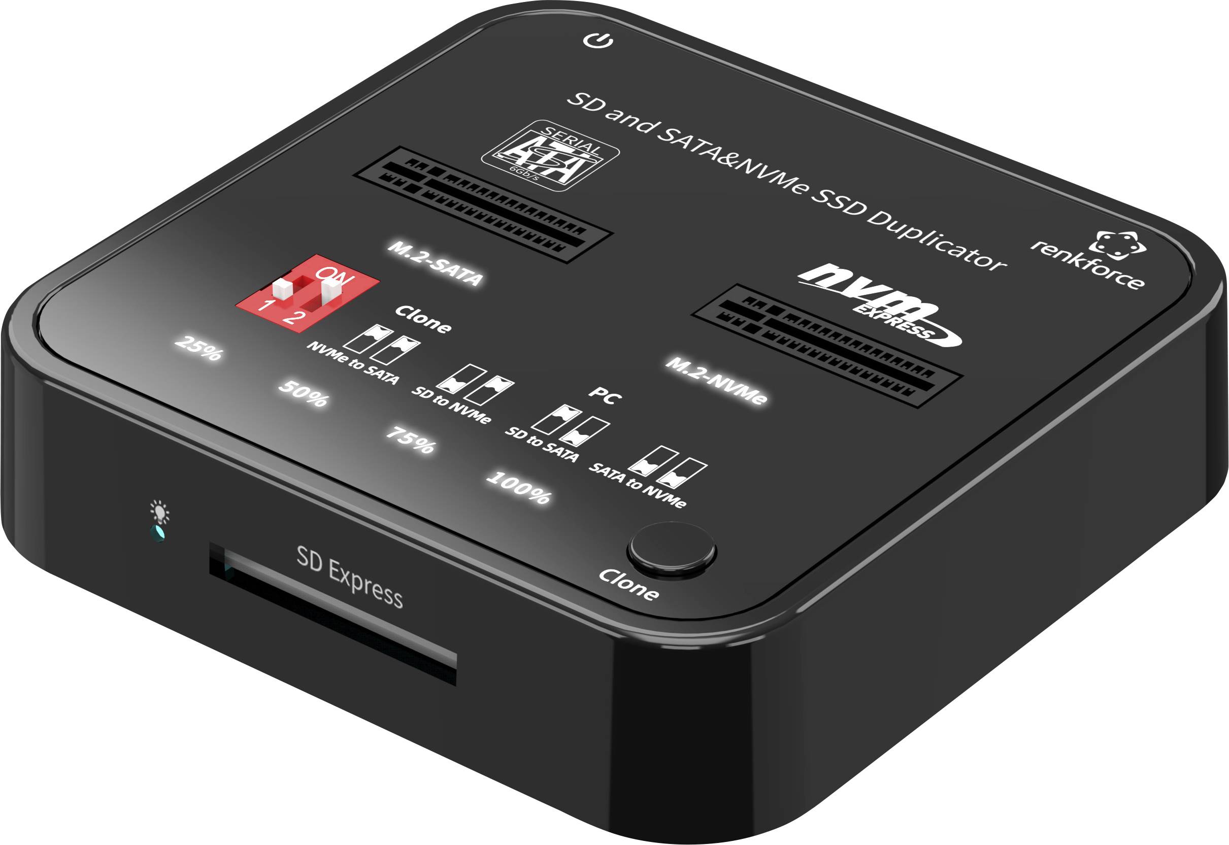 'SD a SATA/NVMe SSD duplicátor' zobrazuje čierne zariadenie so slotmi pre SD karty a pevné disky na kopírovanie dát.