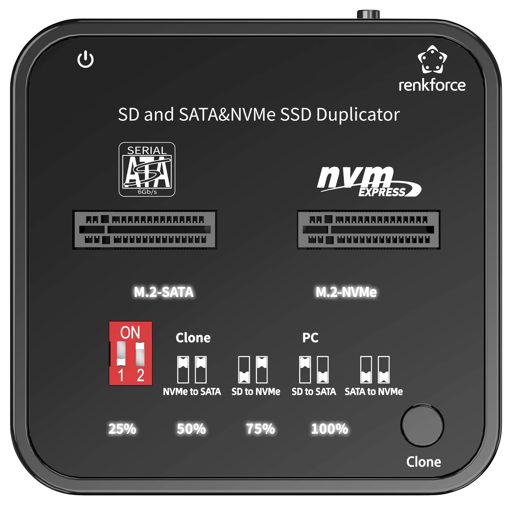 Renkforce SD a SATA&NVMe SSD duplicator s rozhraniami pre M.2-SATA a M.2-NVMe, možnosťami klonovania a PC, indikátorom priebehu.