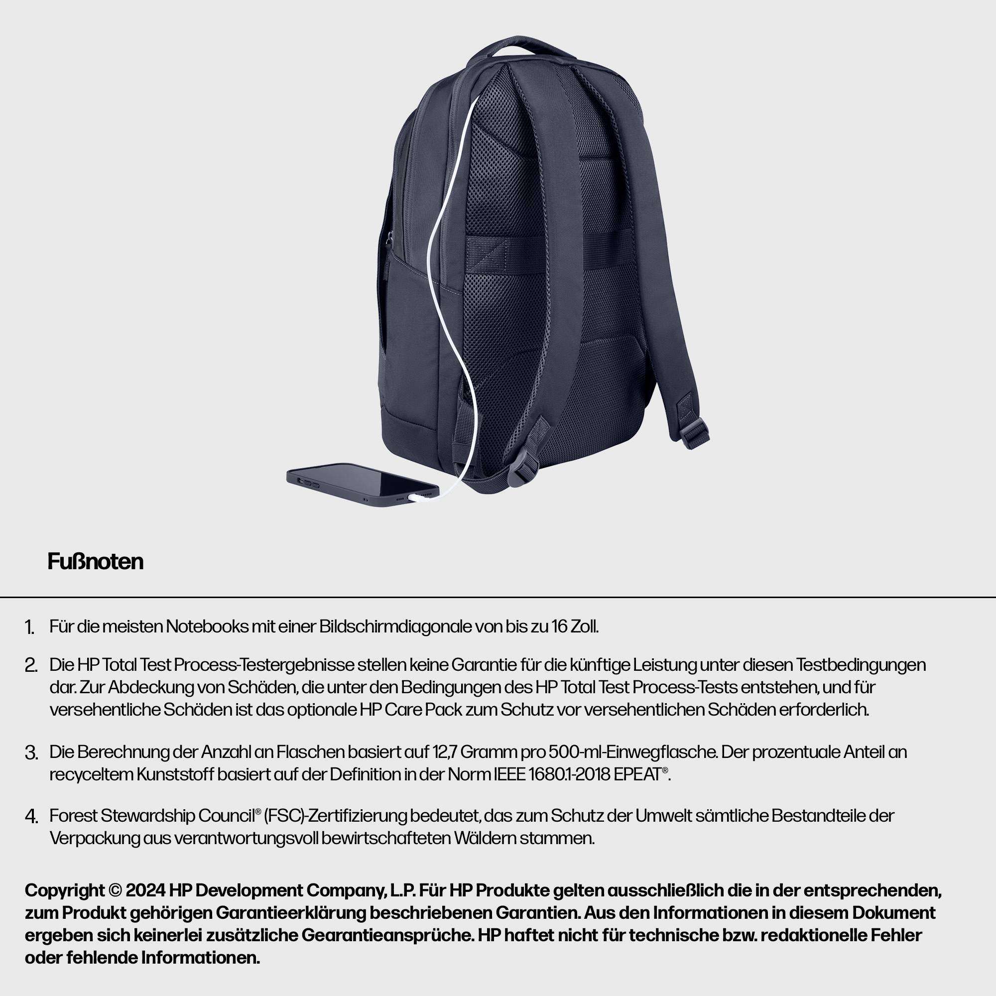 Čierny ruksak so slúchadlami a smartfónom vedľa neho. Text dole popisuje záručné podmienky a poznámky pod čiarou.