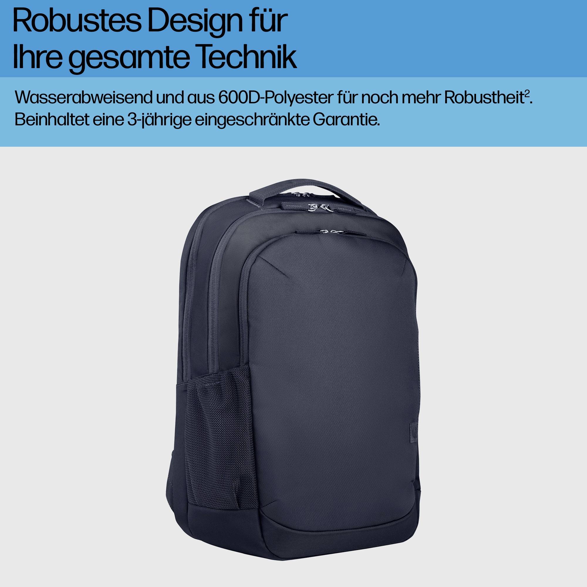 Čierny ruksak pred modrým pozadím, s textom: 'Robustný dizajn pre všetku vašu techniku'. Vodotesný, 600D polyester.