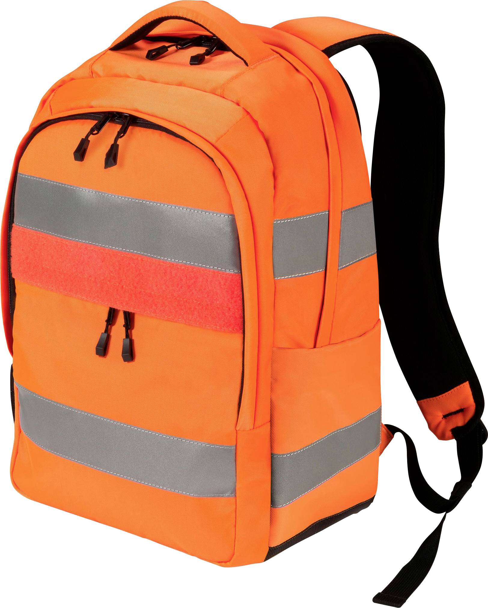 Oranžový ruksak s reflexnými pruhmi a viacerými priestrankami. Vhodný pre viditeľnosť a bezpečnosť.
