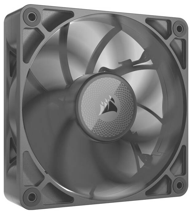 Sivý počítačový ventilátor v štvorcovom ráme s logom výrobcu uprostred, zobrazený z prednej strany s viditeľnými lopatkami ventilátora.