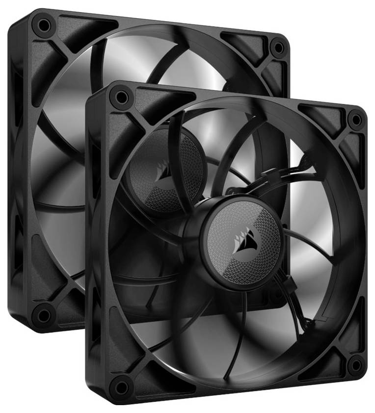 Dva čierne počítačové ventilátory s aerodynamickým tvarom. Sú navzájom prepojené, aby sa zlepšilo vetranie.