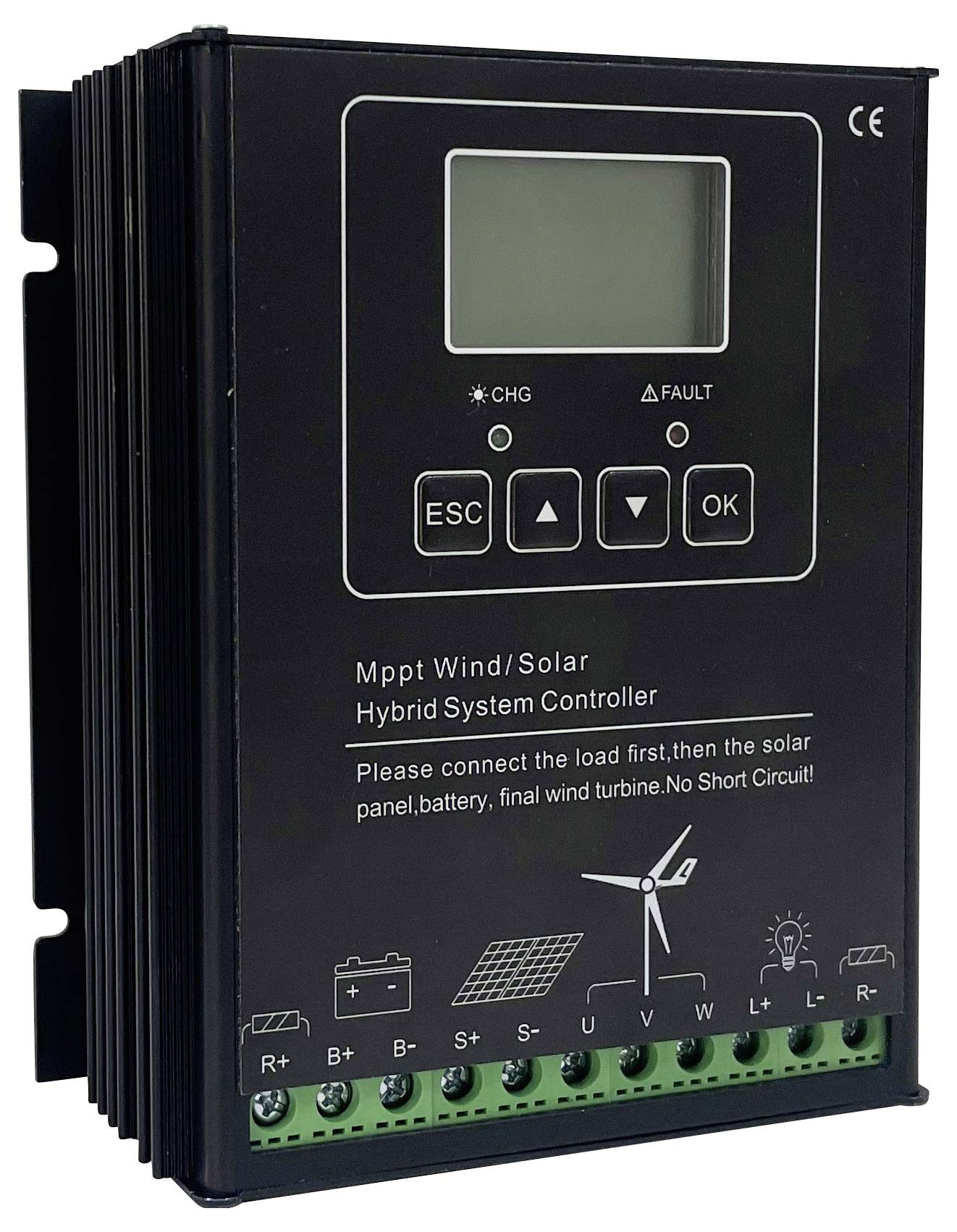 Čierny hybridný systémový regulátor pre veterné a solárne elektrárne, s displejom a ovládacími tlačidlami. Schéma zapojenia a výstražné upozornenie nižšie.
