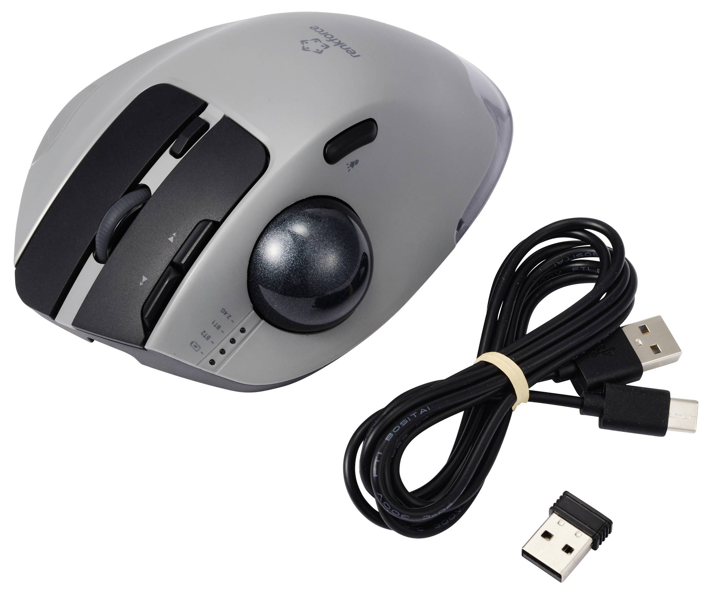 Bezdrôtová, sivá ergonomická myš s trackballom, USB prijímačom a káblom.