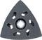Trojuholníkový brúsny nadstavec pre elektrické náradie, s viacerými kruhovými a oválnymi otvormi na upevnenie a odsávanie prachu.