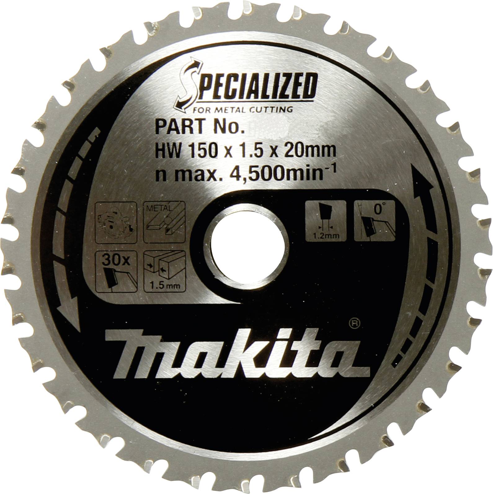 Produktová fotografia kotúčovej píly na kov Makita, text: "HW 150 x 1,5 x 20mm, max. 4.500/min", vhodné pre kov, zobrazuje symboly použitia.
