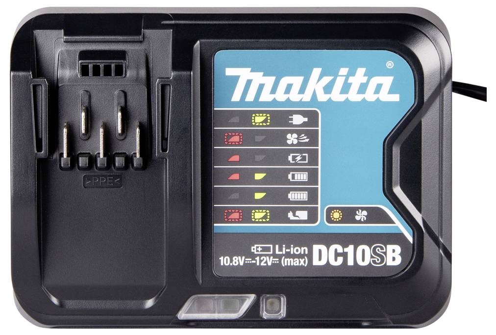 Nabíjačka Makita DC10SB pre lítiovo-iónové batérie 10,8V-12V s LED indikátormi stavu nabíjania, teploty a chybových stavov.