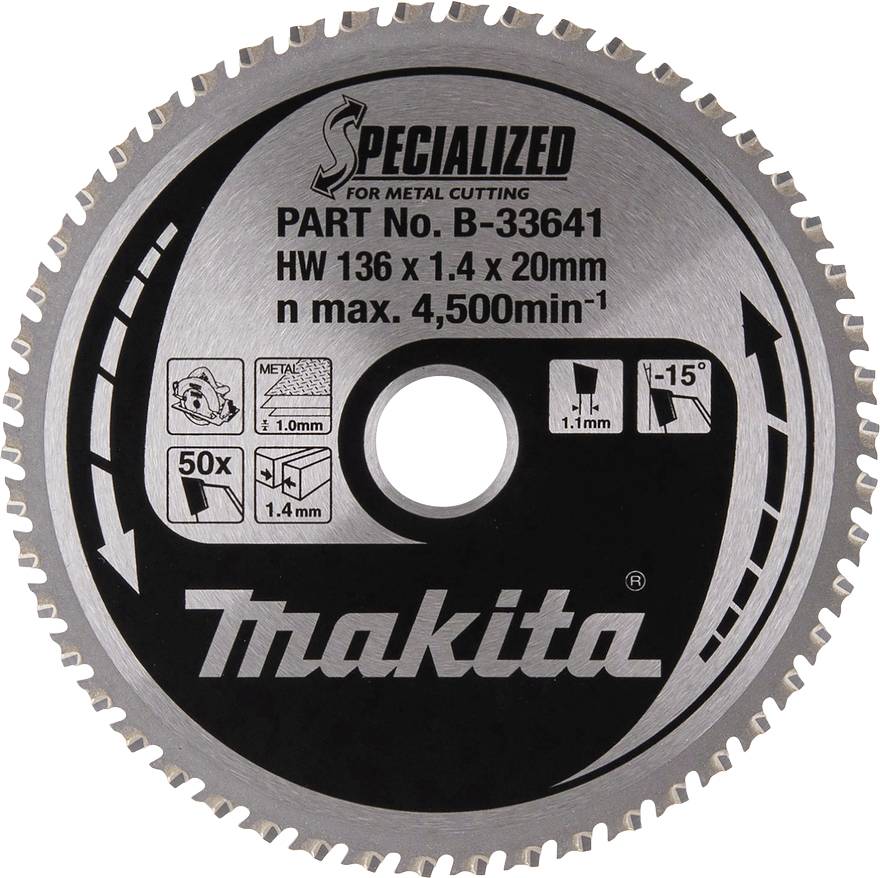 'Pílový list Makita na kov. Číslo modelu: B-33641. Priemer 136 mm; šírka rezu 1,4 mm; vŕtanie 20 mm; max. otáčky 4500 min⁻¹.'