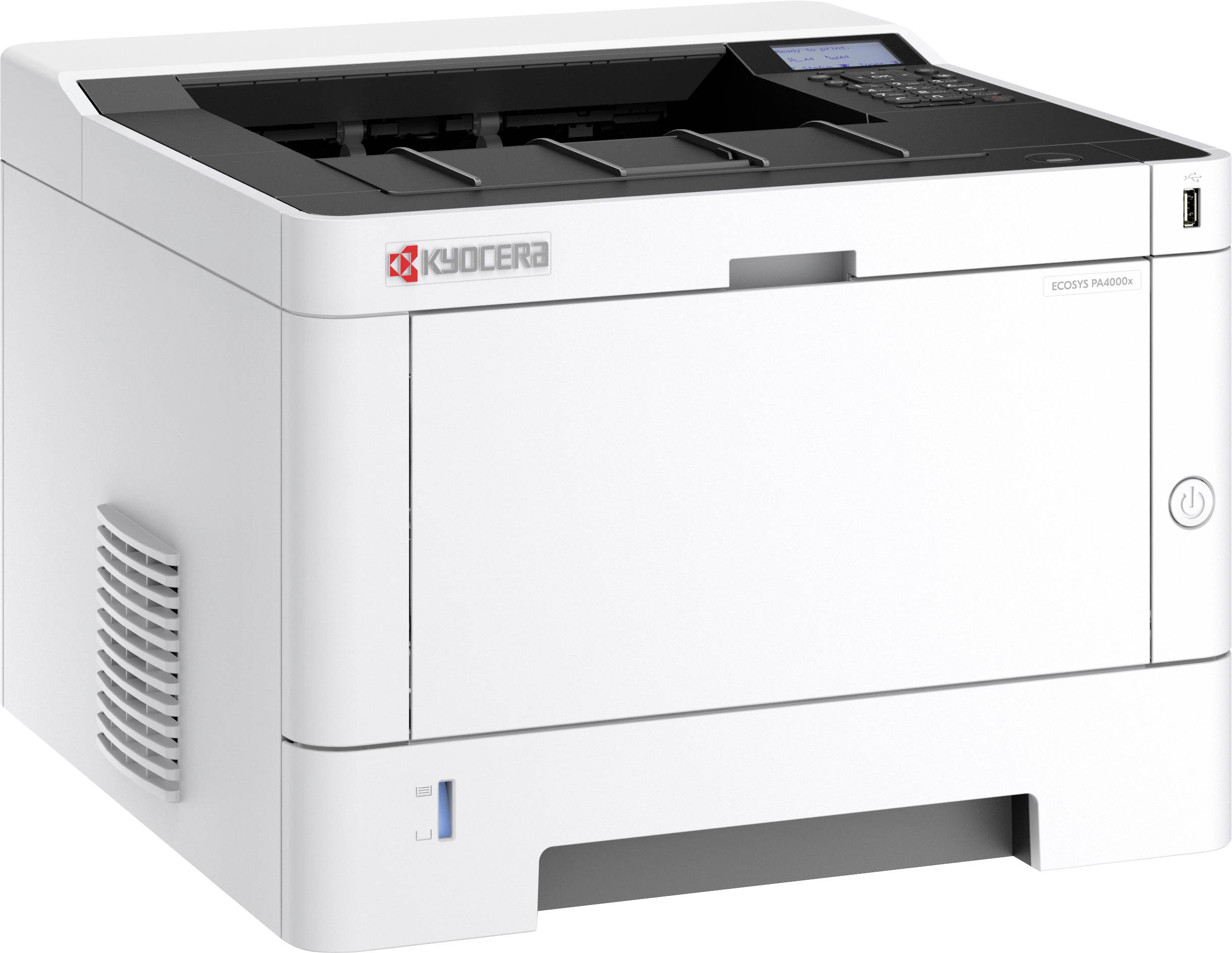 Biely tlačiar Kyocera s čiernym vrškom. Tlačiar má ovládací panel a na prednej strane zobrazuje logo výrobcu.