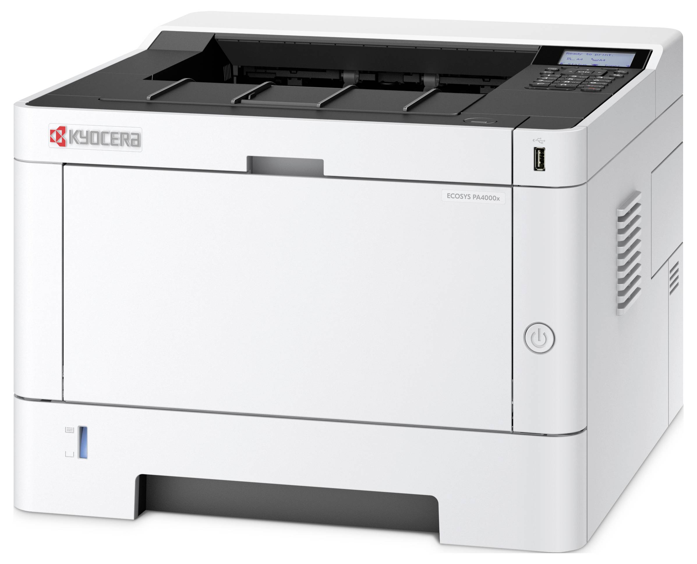 Biely kancelársky tlačiareň značky Kyocera, model ECOSYS P4060dn, s ovládacím panelom a zásobníkom papiera.
