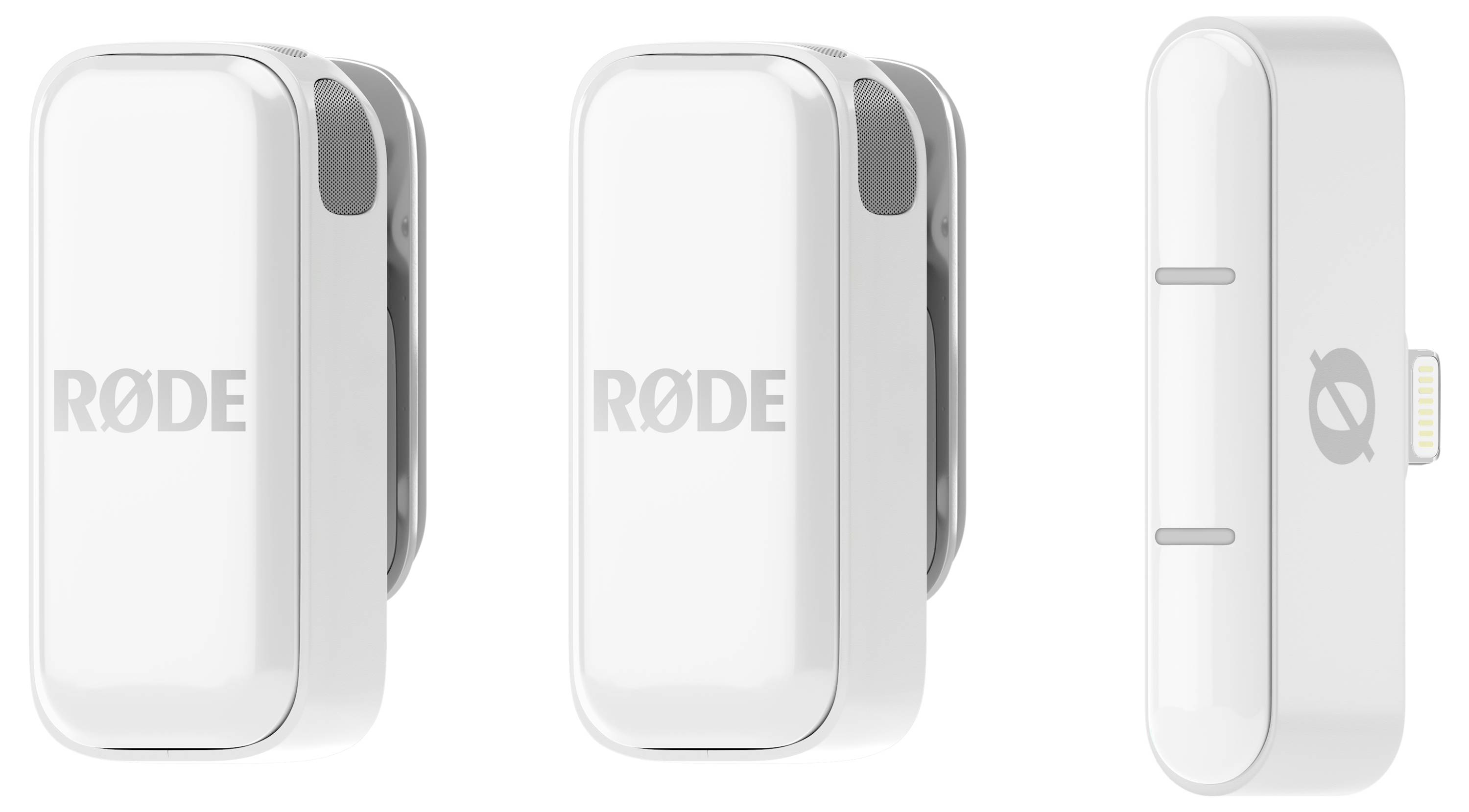 Kompaktná, biela bezdrôtová sada mikrofónov od RØDE s Lightning konektorom, vhodná pre zariadenia Apple.