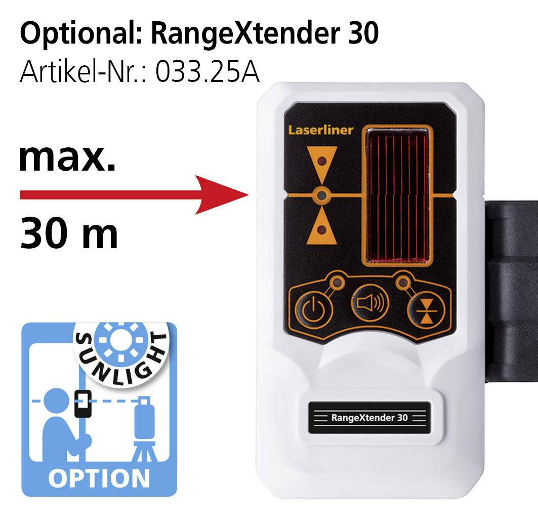 'Voliteľné: RangeXtender 30, Katalógové číslo: 033.25A. Meria až do max. 30 m. Vrátane možnosti merania v slnečnom svetle.'