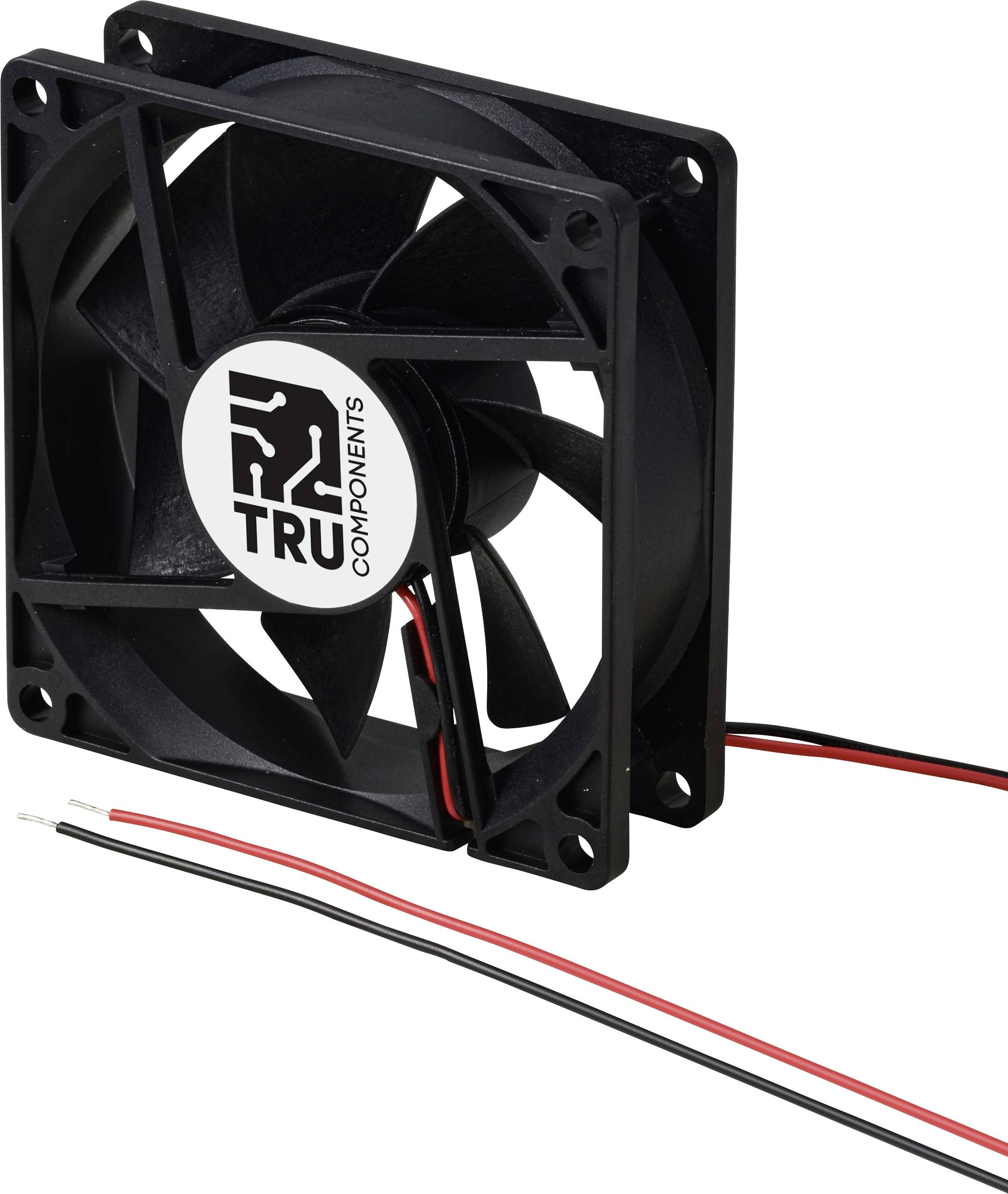 Čierny ventilátor s bielymi nálepkami TRU Components a červenými a čiernymi káblami na pripojenie.