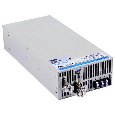 Obdĺžnikový kovový modul napájacieho zdroja s vetracími štrbinami a elektrickými svorkami na prednej strane.