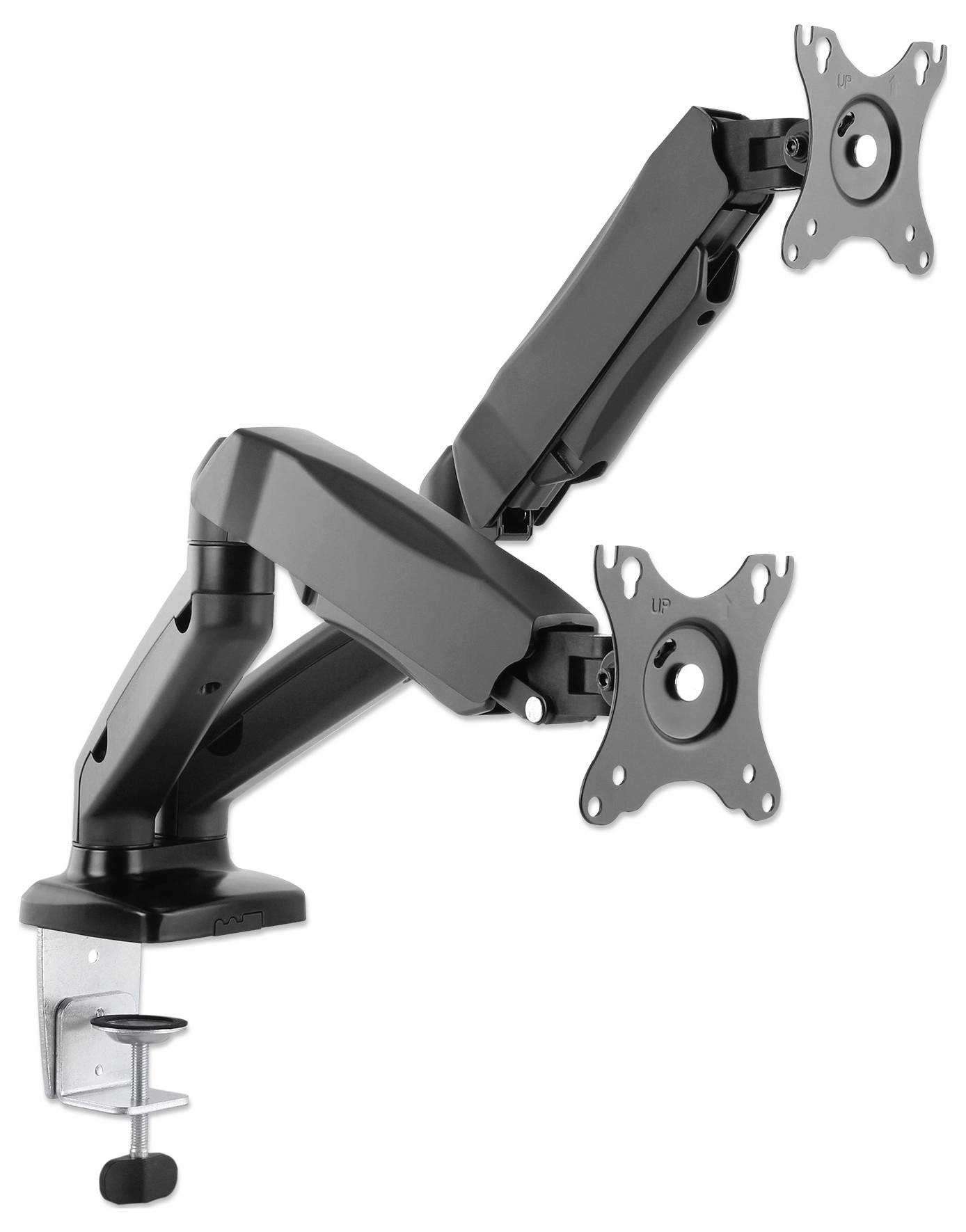 Dvojitý monitorový ramený držiak v čiernej farbe, namontovaný na stole. Flexibilné kĺby umožňujú rôzne polohy obrazovky.