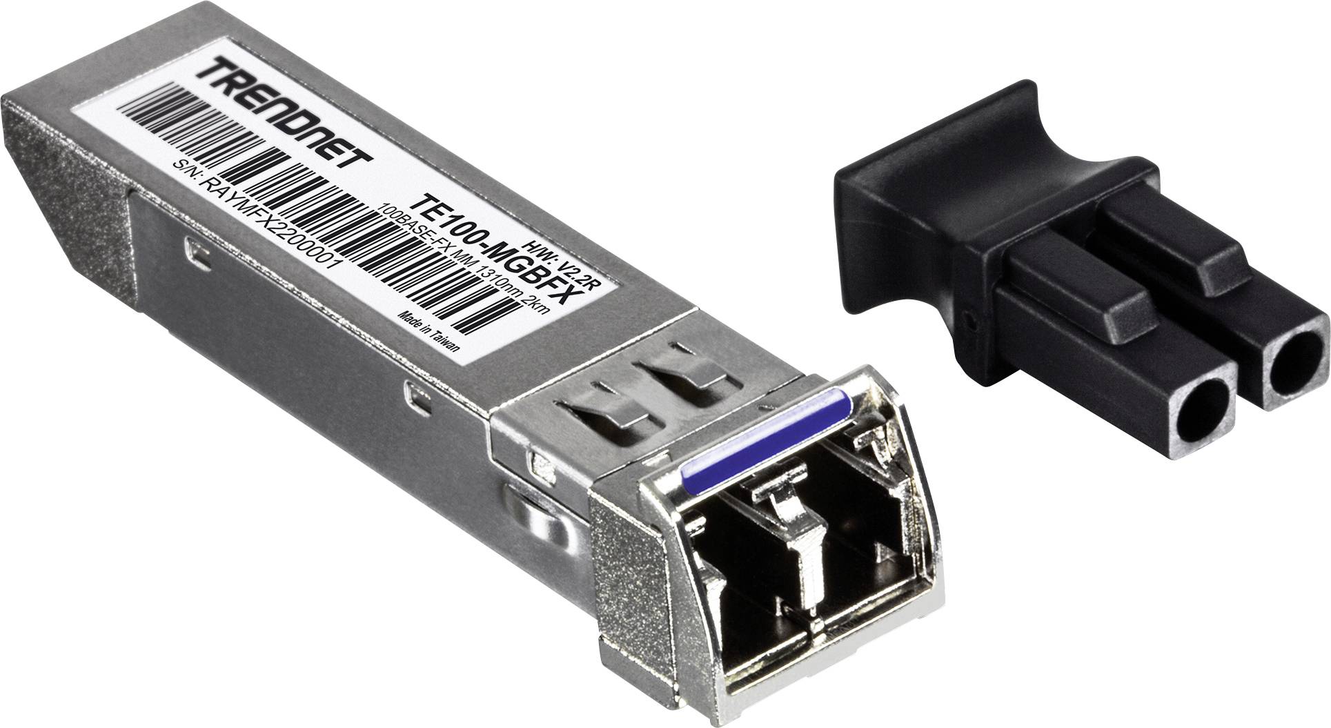 SFP modul s etiketou 'TRENDnet TEG-MGBFX' a príslušný pripojovací adaptér.