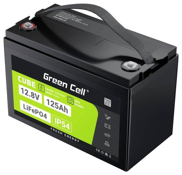Batéria od Green Cell, model 'CUBE', technológia LiFePO4, 12,8V, 125Ah, IP54. Robustný dizajn s rukoväťou na prenášanie.