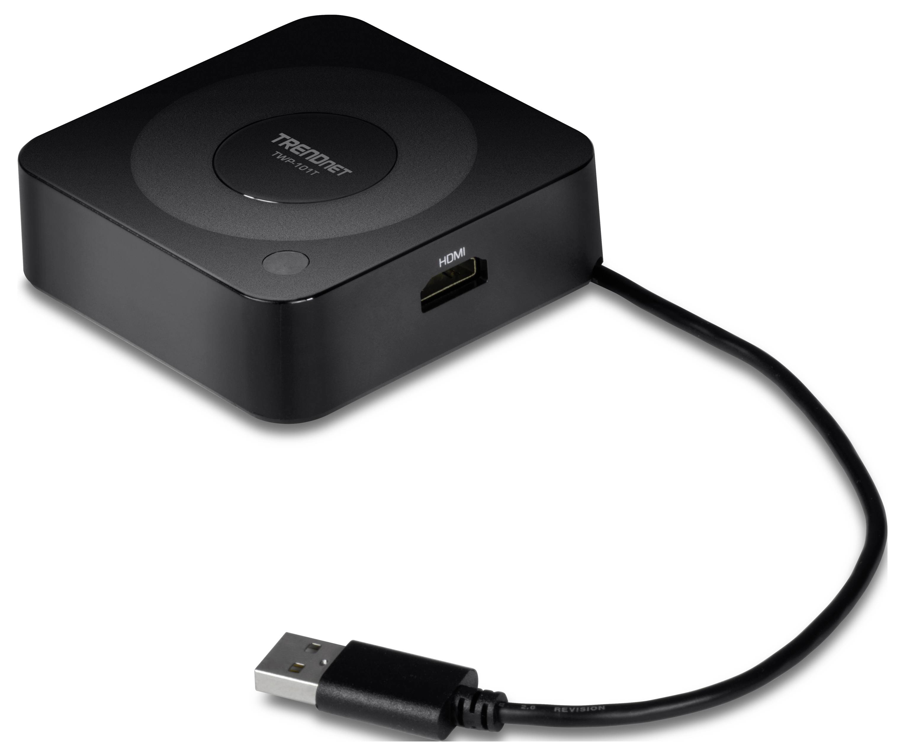 Malé čierne elektronické zariadenie s USB káblom, HDMI portom a logom 'TRENDnet' na hornej strane.
