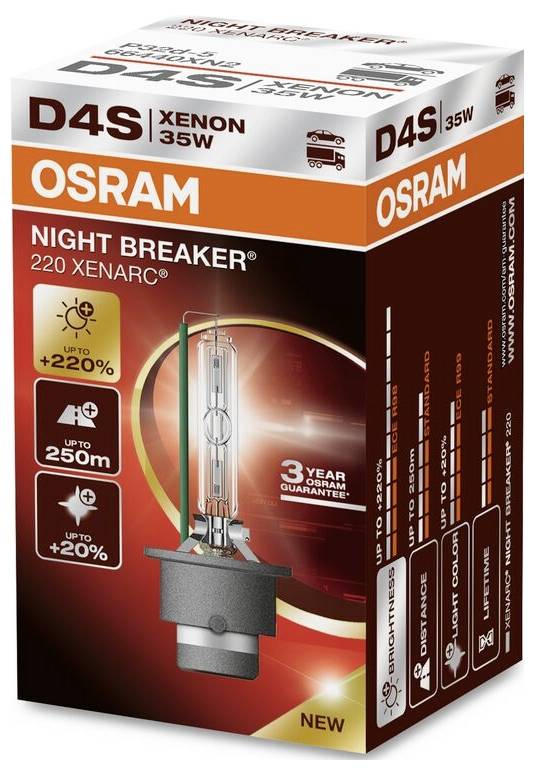 Obal xenónovej žiarovky Osram D4S 35W. Označená ako 'Night Breaker 220 Xenarc'. Sľubuje až o 220% vyššiu svietivosť.