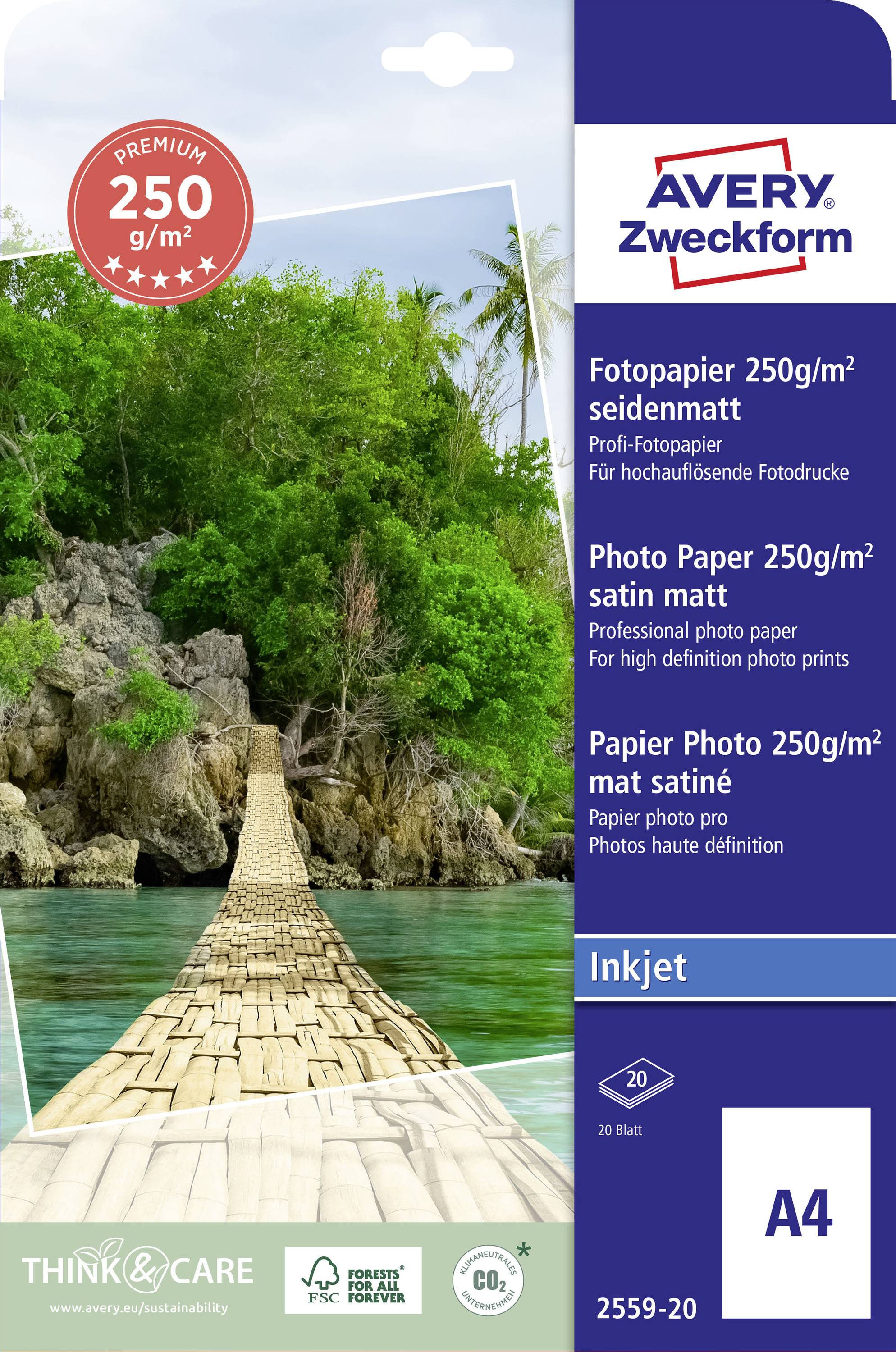 'Obal pre Avery Zweckform fotografický papier, 250 g/m², A4, saténovo matný, pre atramentové tlačiarne, s obrázkom drevného móla smerujúceho k skalnatému ostrovu.'